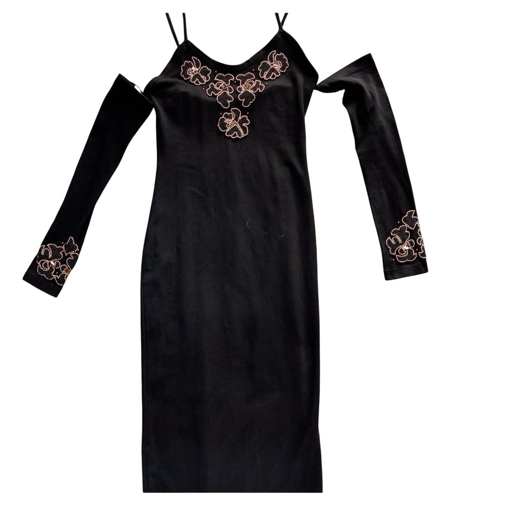 Vintage 90s Contempo Casuals Maxi Dress Womens S Black Excellent Beaded Floral
